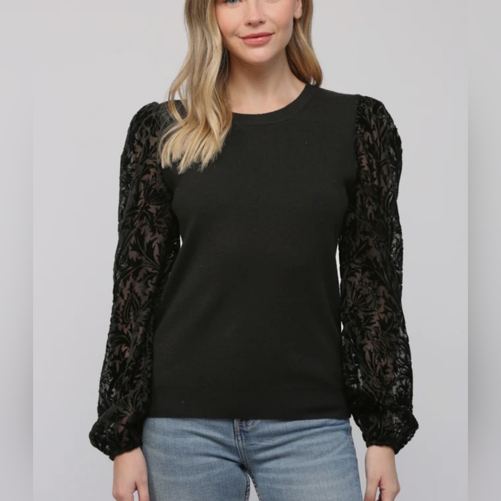 Adrianna Papell Black Sheer Lace Sleeve Round Neck Long Sleeve Sweater Size S
